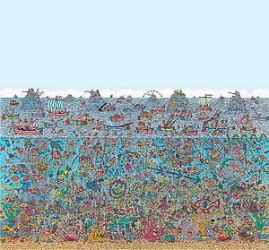 Where's Wally Mural: A Vibrant Underwater Scene with Boats and Hidden Characters HD wallpaper