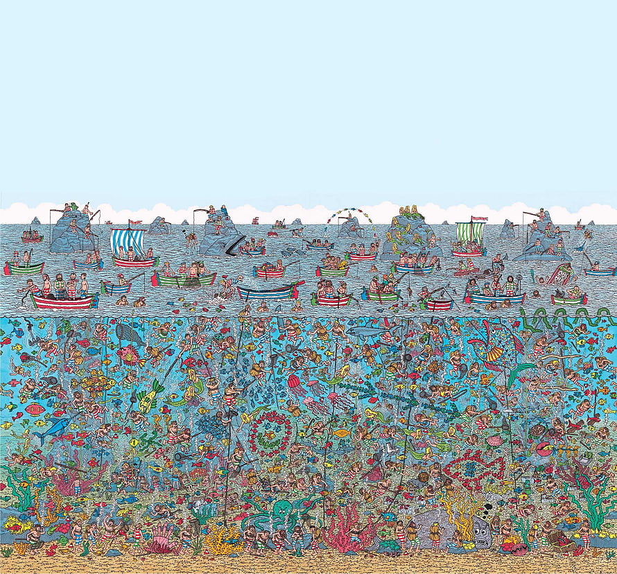Where's Wally Mural: A Vibrant Underwater Scene with Boats and Hidden Characters HD wallpaper