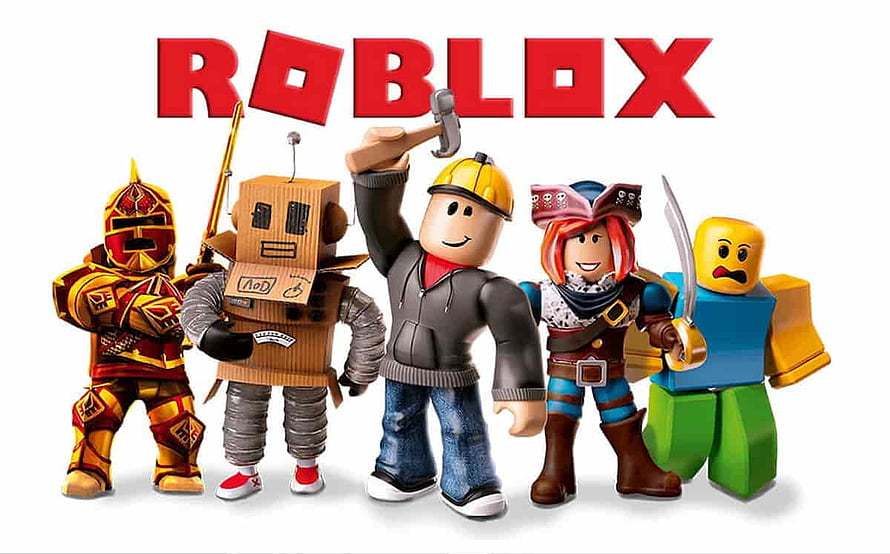 Roblox game logo with five diverse blocky characters including a knight, robot, builder, pirate, and noob standing together HD wallpaper