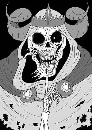 The Lich from Adventure Time in a dramatic black and white illustration by Lewis McKay HD phone wallpaper