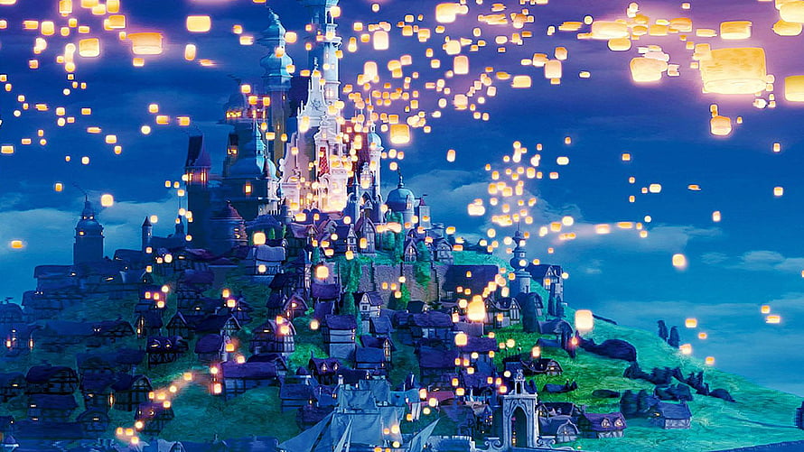 Enchanted Disney Castle at Night with Floating Lanterns and Magical Sky HD wallpaper