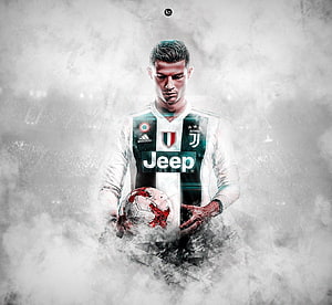 Cristiano Ronaldo in Juventus Kit Holding Soccer Ball in Dramatic Mist HD wallpaper