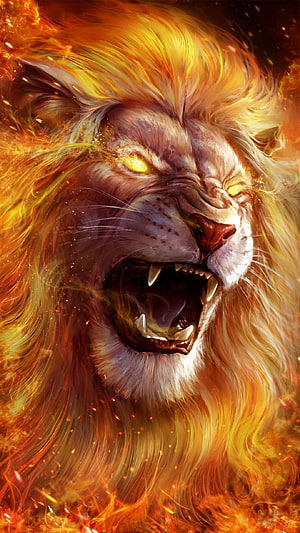 Fierce Roaring Lion with Fiery Golden Mane and Glowing Eyes Digital Art HD phone wallpaper