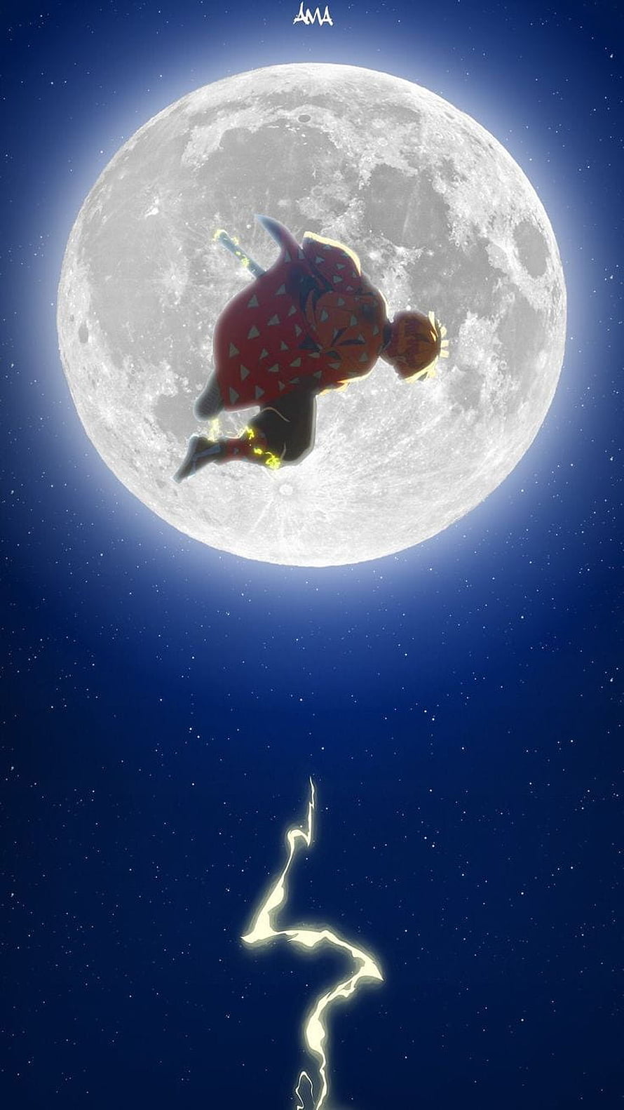 Zenitsu Agatsuma Floating Before the Full Moon in Demon Slayer HD phone wallpaper