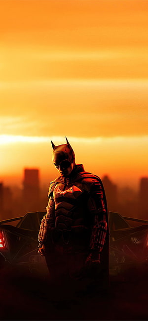 Batman Arkham Knight Standing Silhouette at Sunset with Batmobile, 2022 the batman movie , the batman 2022 ultra HD phone wallpaper