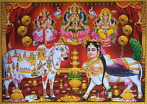 Kamadhenu and Hindu Deities Traditional Temple Artwork HD wallpaper