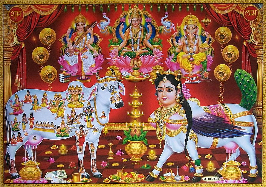 Kamadhenu and Hindu Deities Traditional Temple Artwork HD wallpaper