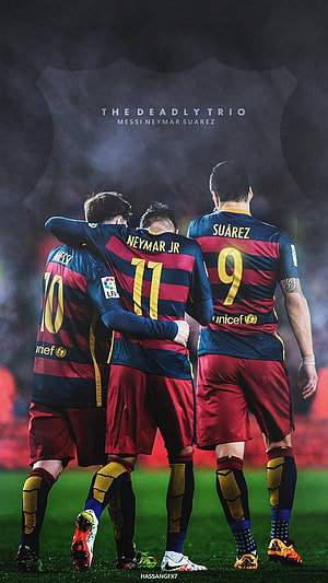MSN Deadly Trio Barcelona Football Players Huddle Together On Pitch HD phone wallpaper