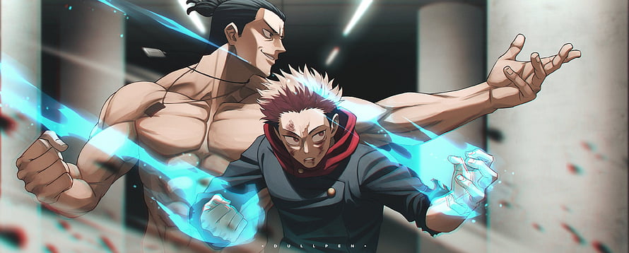 Aoi Todo and Yuji Itadori in Dynamic Jujutsu Kaisen Battle Scene HD wallpaper