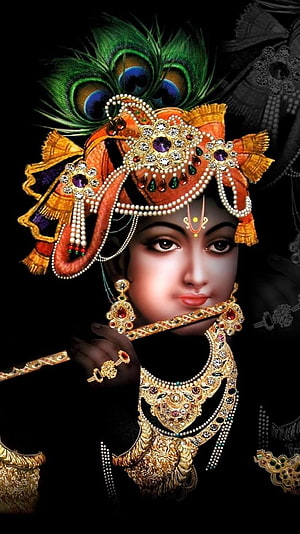 Lord Krishna Playing Flute With Peacock Feather Crown And Gold Jewelry HD phone wallpaper