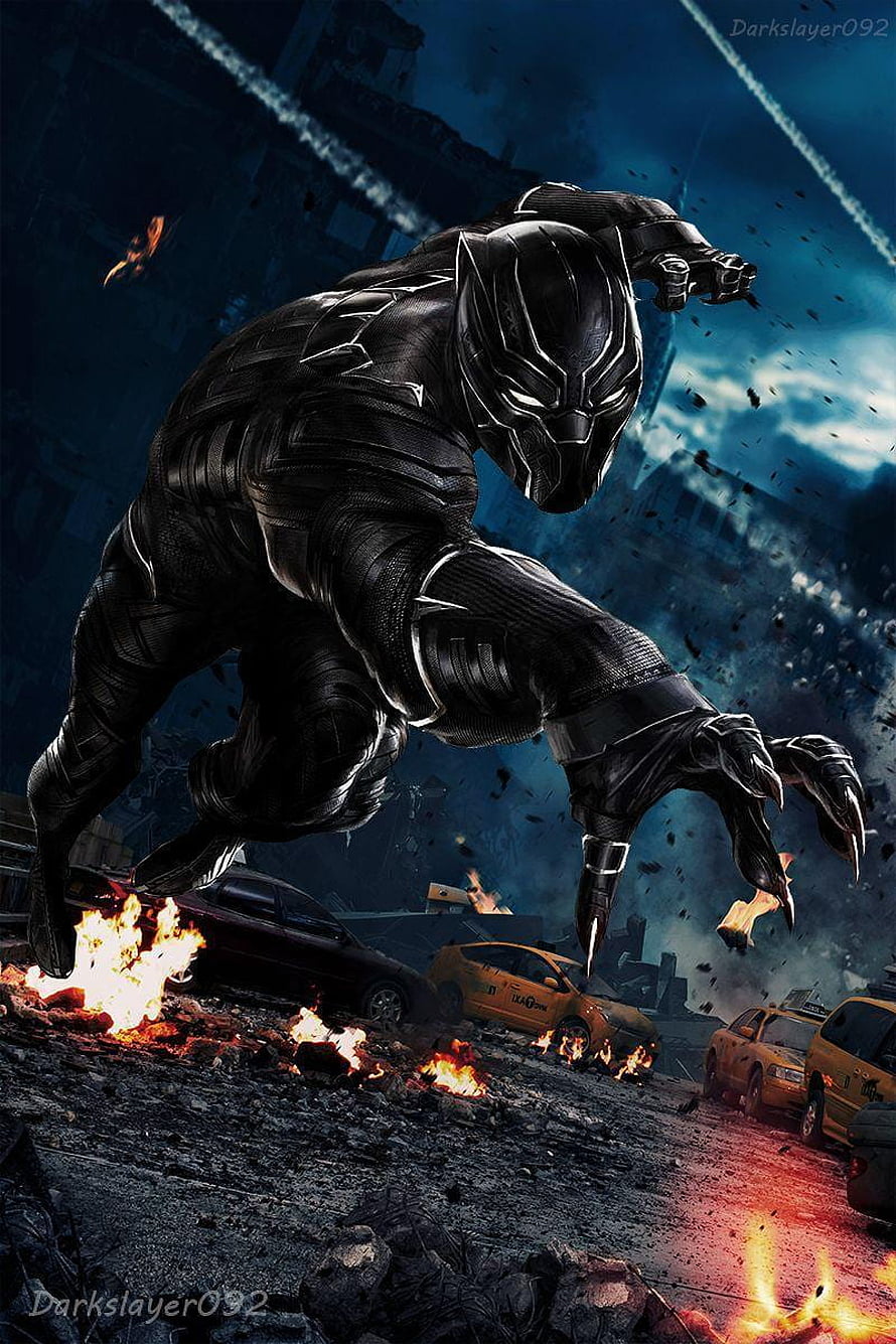 Black Panther Leaping Over Burning City Street With Yellow Taxis HD phone wallpaper