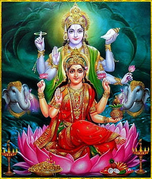 Laxmi Narayan Divine Painting with Ganesha and Lotus Throne HD phone wallpaper