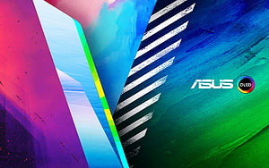 Vibrant ASUS OLED Abstract Wallpaper with Neon Gradients and Geometric Shapes HD wallpaper