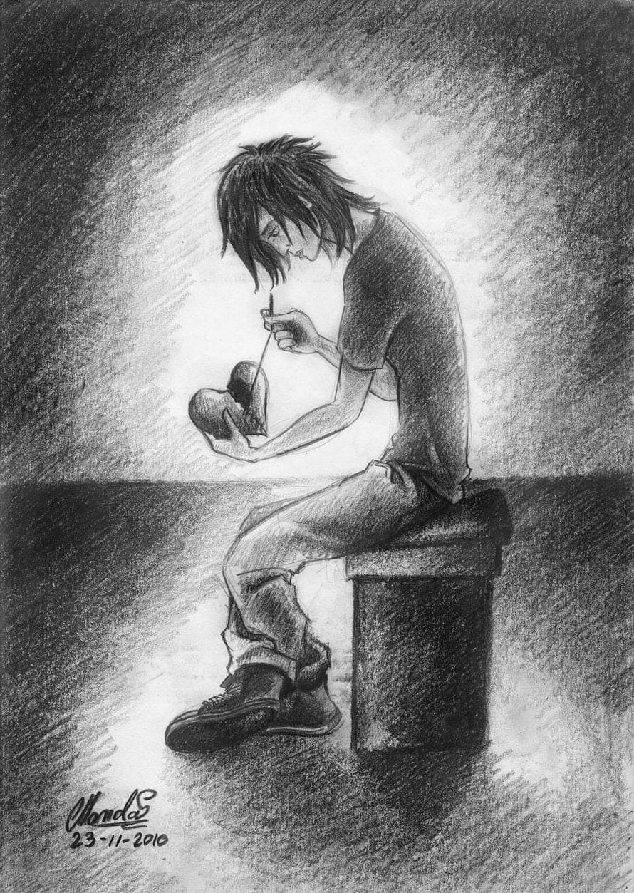 Melancholic Anime Boy Holding Broken Heart in Monochrome Pencil Sketch HD phone wallpaper