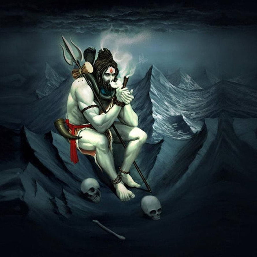 Lord Shiva Aghori Meditation in Dark Mountain Landscape with Skulls and Trident HD phone wallpaper