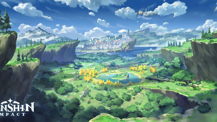 Genshin Impact Mondstadt Landscape with Floating City and Rolling Green Hills HD wallpaper
