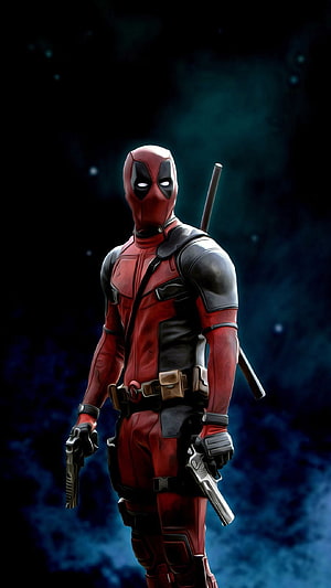 Deadpool standing with dual pistols and katanas against a dark blue background HD phone wallpaper
