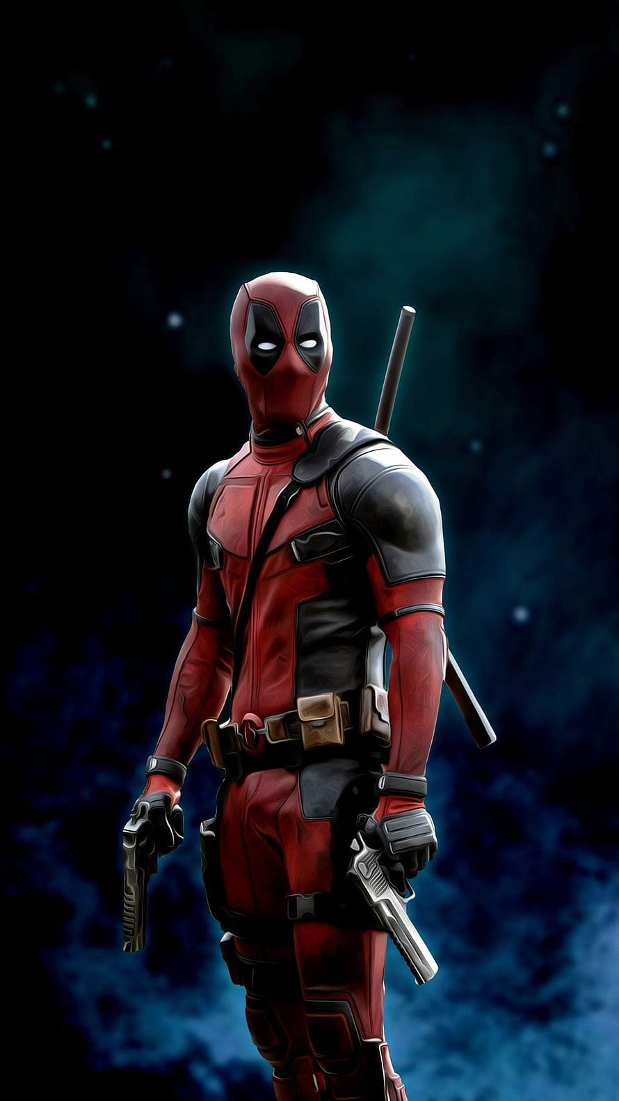 Deadpool standing with dual pistols and katanas against a dark blue background HD phone wallpaper