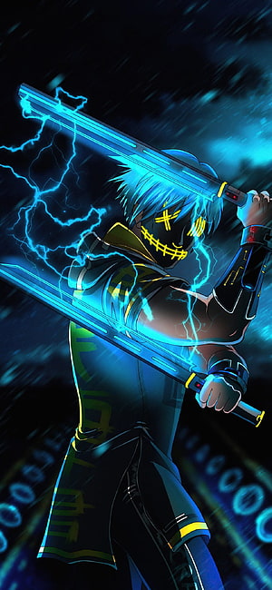 Cyberpunk Anime Character Wielding Dual Glowing Swords with Electric Blue Lightning HD phone wallpaper