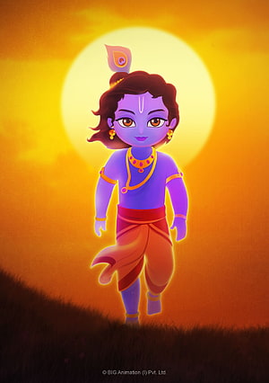 Cute Krishna Walking at Sunset with Golden Halo and Traditional Attire HD phone wallpaper