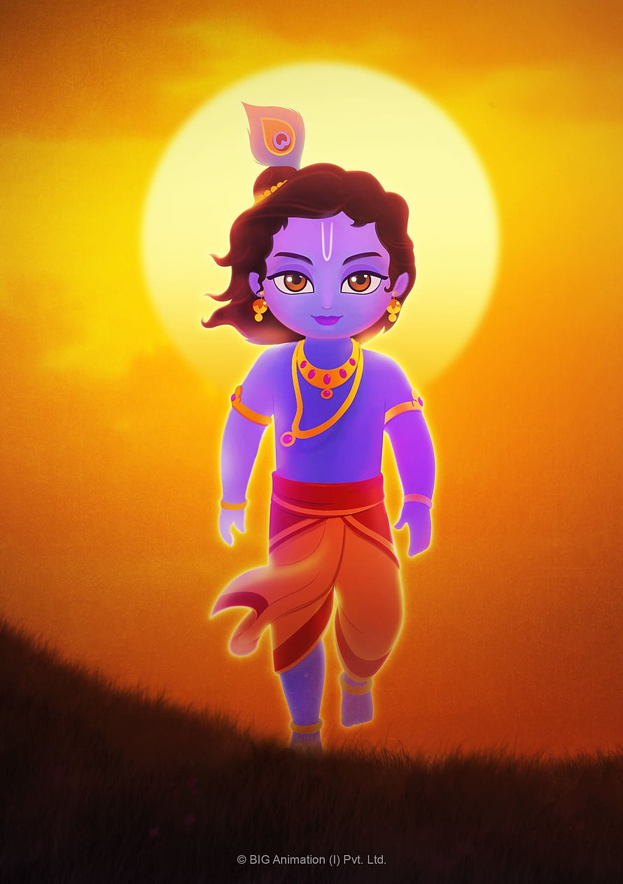 Cute Krishna Walking at Sunset with Golden Halo and Traditional Attire HD phone wallpaper