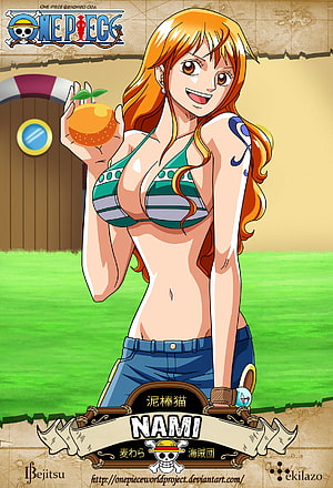 One Piece Nami in Green Bikini and Denim Shorts Holding an Orange HD phone wallpaper