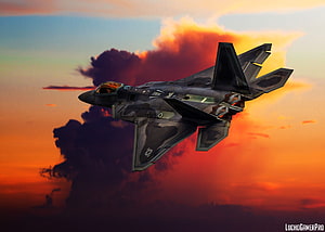 F-22 Raptor Stealth Fighter Jet Flying Against Dramatic Sunset Sky HD wallpaper