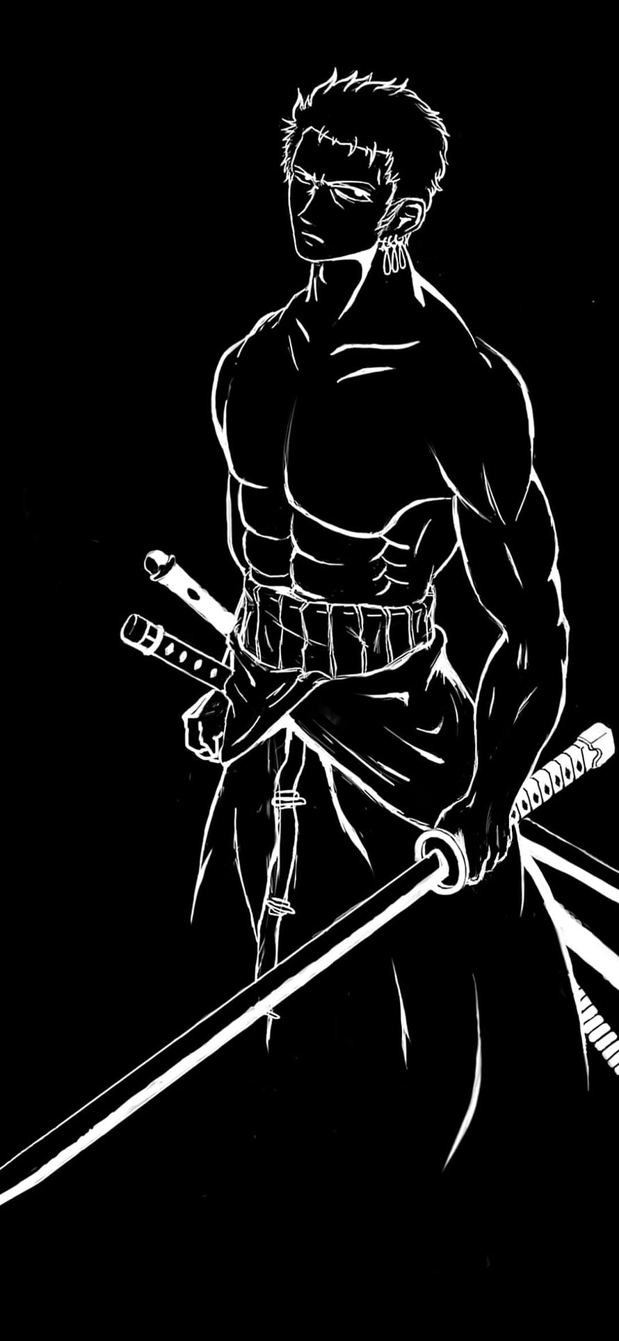 Black and White Line Art of a Muscular Samurai Warrior Holding a Katana Sword HD phone wallpaper