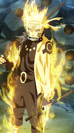 Naruto Uzumaki in Baryon Mode with Golden Aura and Chakra Orbs HD phone wallpaper