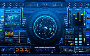 Futuristic Blue Sci-Fi HUD Dashboard Interface with Circular Gauges and Data Analytics HD wallpaper