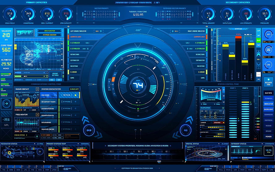Futuristic Blue Sci-Fi HUD Dashboard Interface with Circular Gauges and Data Analytics HD wallpaper