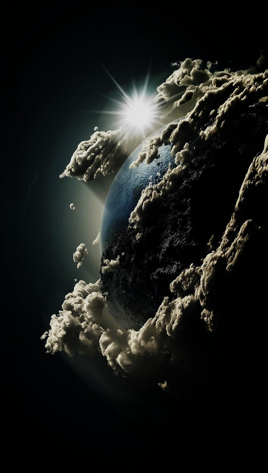 Dramatic Planet Emerging From Dark Clouds With Bright Sunburst Light HD phone wallpaper