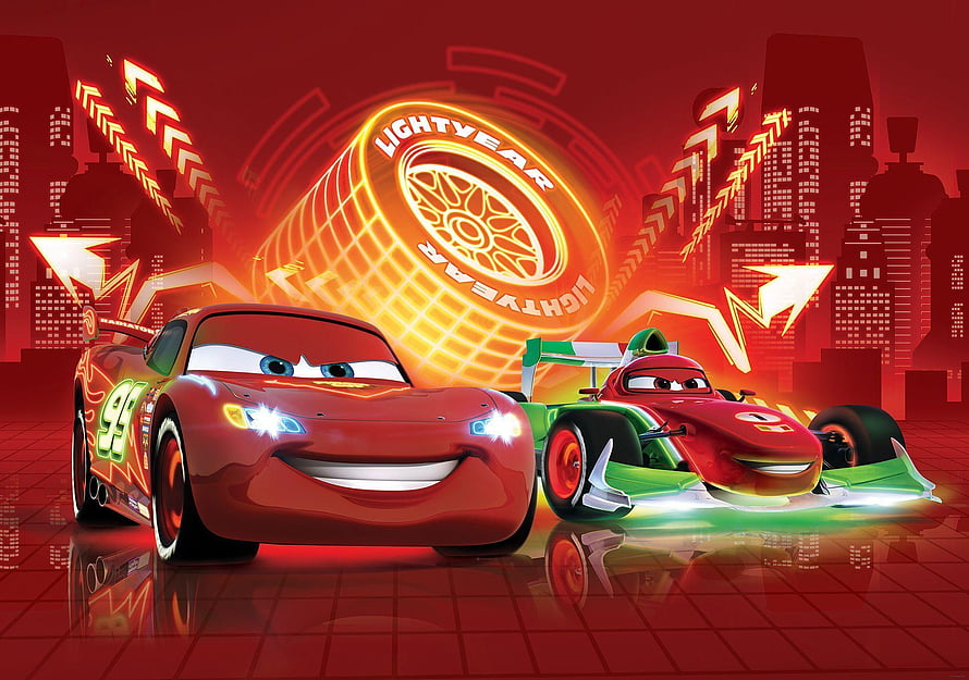 Lightning McQueen and Francesco Bernoulli in a Neon Red Racing Cityscape HD wallpaper