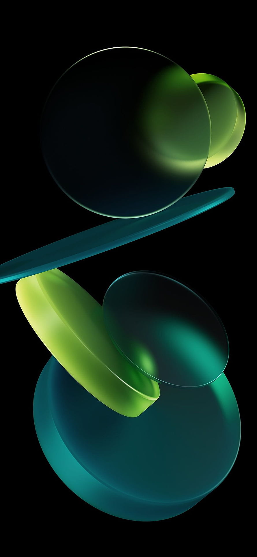 Abstract 3D Render of Floating Green and Teal Spheres on Black Background HD phone wallpaper