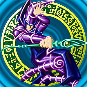 Dark Magician from Yu-Gi-Oh! in Purple Armor Wielding Staff Before Magical Circle HD phone wallpaper