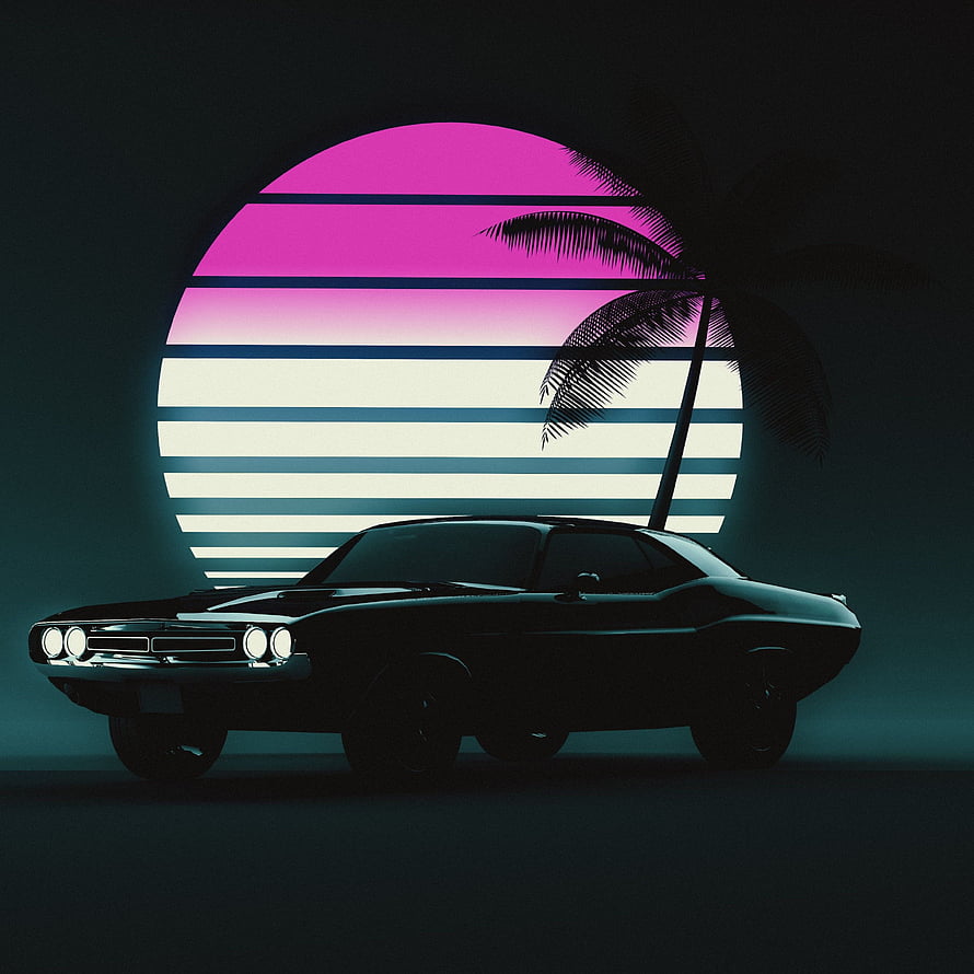 Retro Muscle Car Silhouette Against Neon Sunset and Palm Tree HD phone wallpaper