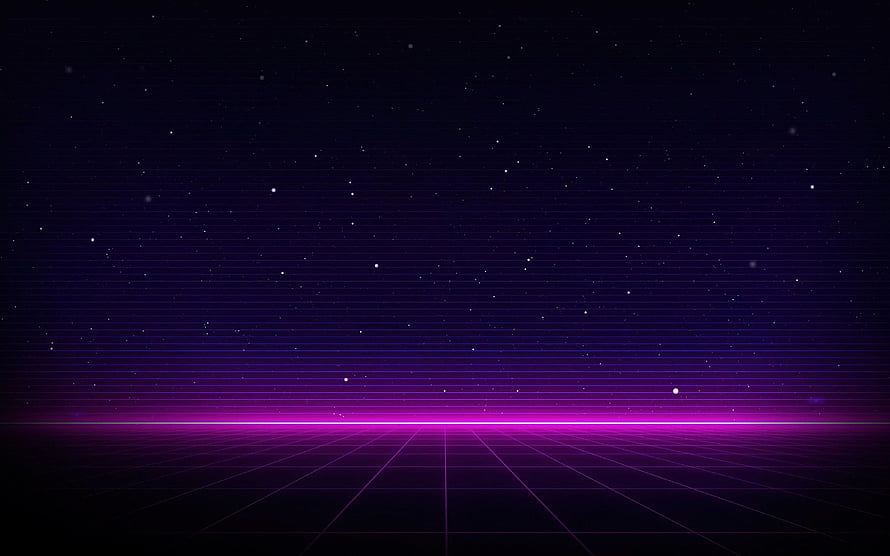 Retro 80s Synthwave Neon Grid Horizon With Starry Night Sky Background HD wallpaper