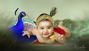 Baby Krishna with Peacock Feather Crown and Flute HD wallpaper