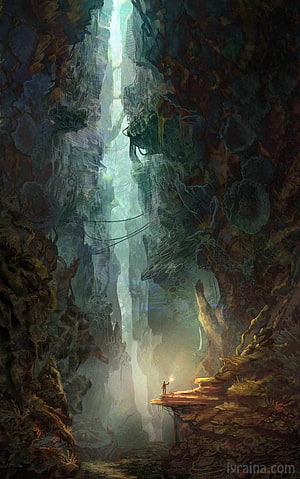 Lone Traveler with Torch in Vast Fantasy Canyon from Stormlight Archive HD phone wallpaper