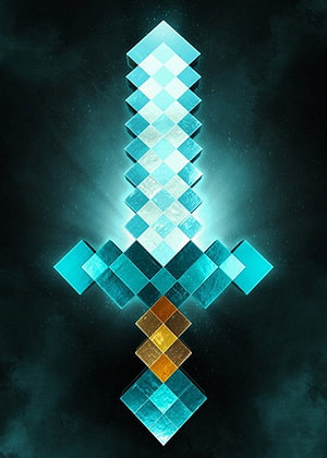 Minecraft Diamond Sword 3D Render with Glowing Cyan and Gold Accents on Dark Background HD phone wallpaper