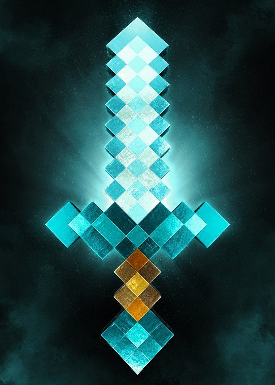 Minecraft Diamond Sword 3D Render with Glowing Cyan and Gold Accents on Dark Background HD phone wallpaper