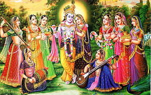 Radha Krishna and Gopis in a Vibrant Forest Setting with Musical Instruments HD wallpaper