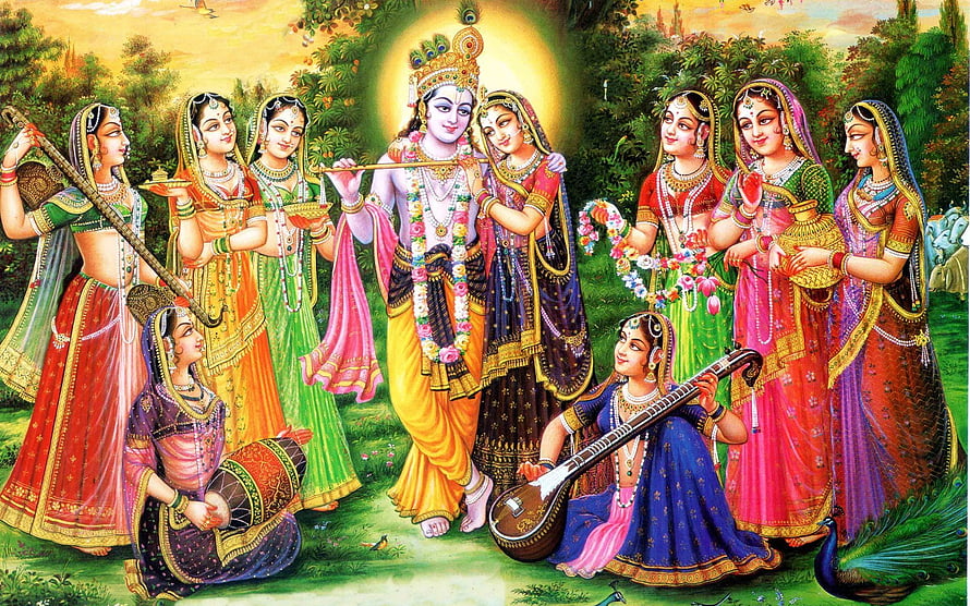 Radha Krishna and Gopis in a Vibrant Forest Setting with Musical Instruments HD wallpaper