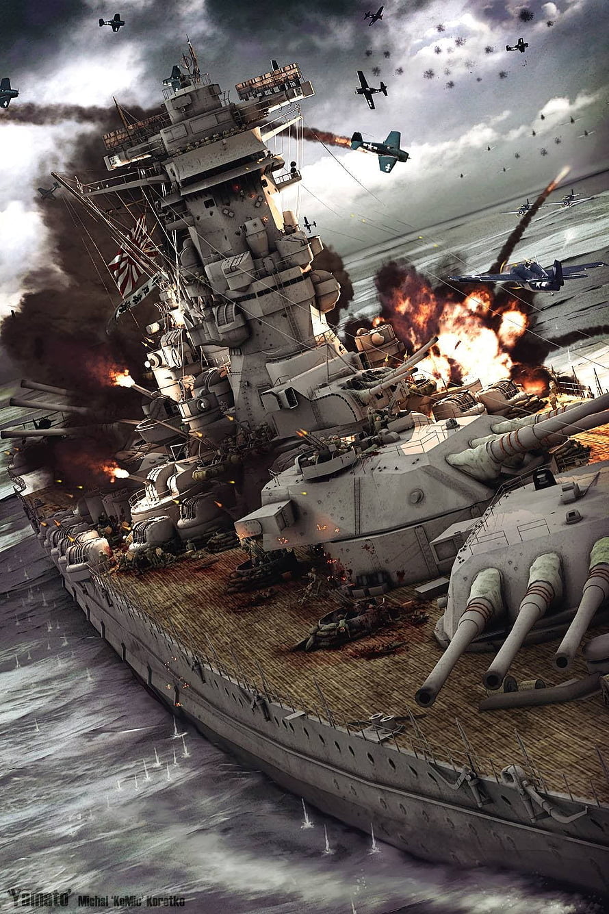 Yamato Battleship Under Aerial Attack During Naval Combat HD phone wallpaper