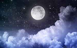 Full Moon Rising Above Dramatic Night Clouds and Starry Sky HD wallpaper