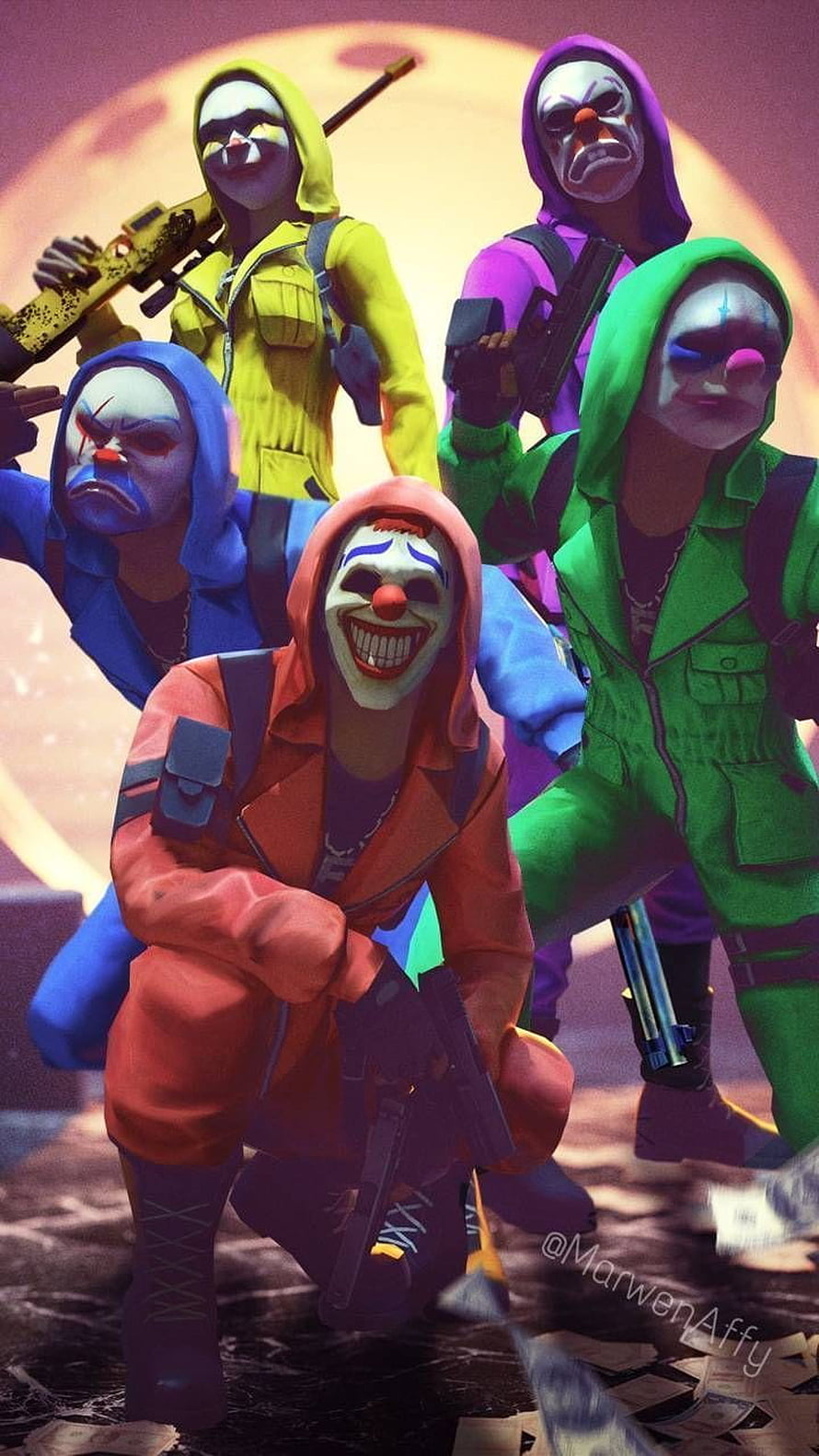 Five armed clowns in colorful hoodies holding guns under a giant moon HD phone wallpaper