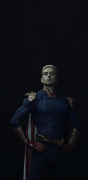 Homelander from The Boys in dark blue tactical suit with gold armor and red cape HD phone wallpaper