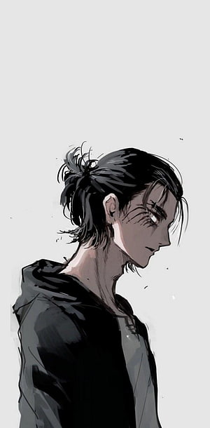 Anime Style Portrait of a Young Man with Messy Bun and Dark Hoodie, Eren Yeager by meet_1311, eren yeager long hair HD phone wallpaper