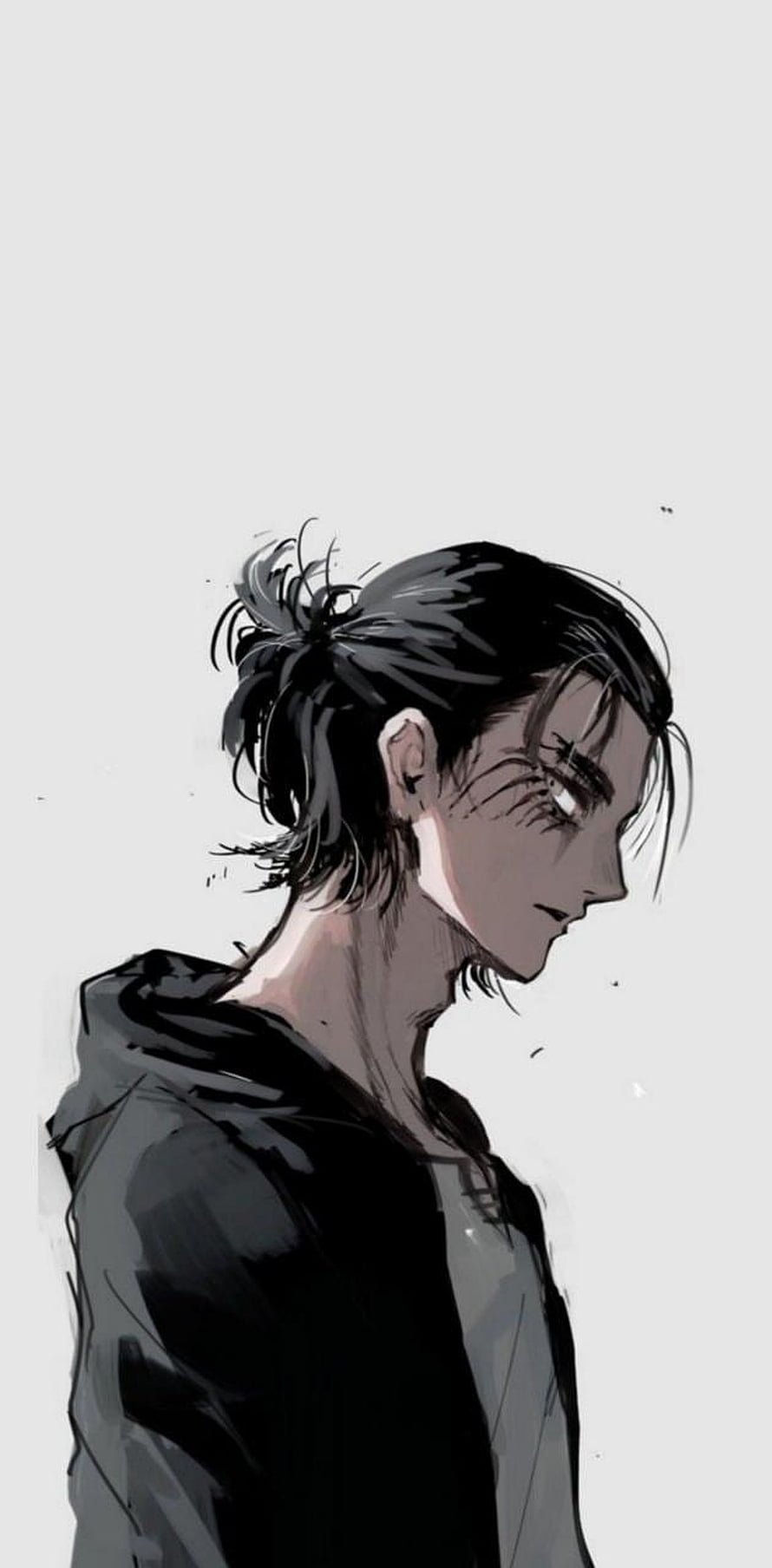 Anime Style Portrait of a Young Man with Messy Bun and Dark Hoodie, Eren Yeager by meet_1311, eren yeager long hair HD phone wallpaper