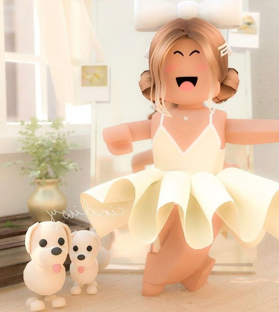 Roblox Girl in White Dress with Two Puppies in a Bright Room HD phone wallpaper